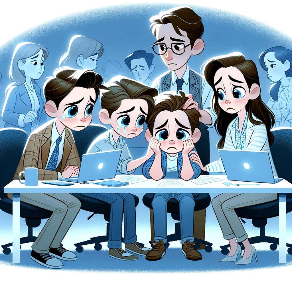 DALL·E 2023-11-11 13.33.59 - A Disney-like cartoon illustration of a very sad support team, comforting each other. The team consists of three boys and three girls, portrayed in a .png